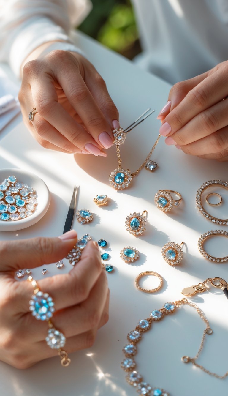 Hands making rhinestone jewelry with tools and sparkling rhinestones on a white table.